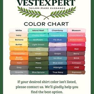 May include: Color chart from Vestexpert, featuring a variety of fabric colors. The chart includes shades like white, ivory, banana, and mustard, as well as greens, blues, purples, and reds. The text at the bottom encourages customers to contact them for custom colors.