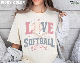 Komfort Farben Liebe Softball Shirt, Retro Softball Mama T-Shirt, süße Spieltag Grafik, Softball Mama süßes Geschenk, Mannschaftssport T-Shirt, für Sie