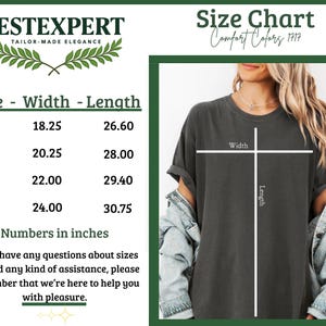 May include: Image of a size chart for a Comfort Colors t-shirt. The chart displays measurements in inches for sizes S, M, L, and XL. The shirt is shown on a person, with width and length measurements indicated. The text "VESTEXPERT TAILOR-MADE ELEGANCE" is at the top.