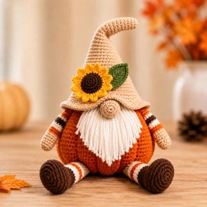 Easy Pumpkin Gnome Crochet Pattern PDF • Fall Amigurumi Gnome • Sunflower Hat • Beginner-Friendly Halloween Decor