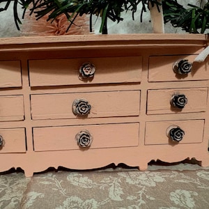 Miniature  Pink French Provincial Dresser with Lined Drawers, Vintage Shabby Chic Triple Dresser, Pink Chalk Painted Chest, Black Rose Knobs