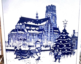 e: Vintage Delfts Schoonhoven Holland Christmas Tile 1988 – Stary Kościół w Rotterdamie (Anno 1497 – Delft Blue Kolekcjonerska sztuka ścienna / Trivet-