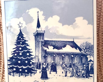 emm: ヴィンテージ デルフト スクーンホーフェン オランダ クリスマス タイル 1985 – デンホールン アンノの古い教会 1425 – デルフト ブルー コレクターズアイテム