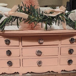 Miniature  Pink French Provincial Dresser with Lined Drawers, Vintage Shabby Chic Triple Dresser, Pink Chalk Painted Chest, Black Rose Knobs