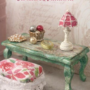 Miniature Vanity Set, 1:12 Dollhouse Furniture, miniature shabby chic with a vintage touch, Floral stool included and Miniature accessories