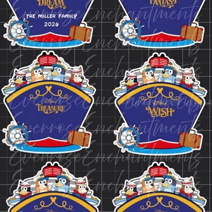 Puede incluir: Juego de seis pegatinas con forma de barco de crucero de Disney. Cada pegatina presenta un diseño de barco azul con un nombre diferente: Dream, Fantasy, Treasure, Wish, Magic y Wonder. Incluye equipaje y un timón.