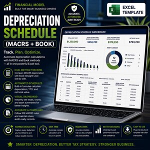 May include: A laptop screen displaying a financial model Excel template for a depreciation schedule. The dashboard shows MACRS and book depreciation data, including charts, tables, and asset summaries. Text includes Financial Model, Depreciation Schedule, and Excel Template.