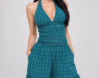 Green Plaid Halter Jumpsuit | Wide Leg Checkered One Piece, Retro Gingham Flare Pant Suit, Vintage Style Summer Romper, Boho Holiday Outfit