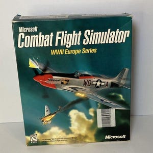 May include: A rectangular cardboard box for the Microsoft Combat Flight Simulator WWII Europe Series video game. The front features a silver P-51 Mustang fighter plane with a red nose, flying over clouds, with a smaller plane in the background.