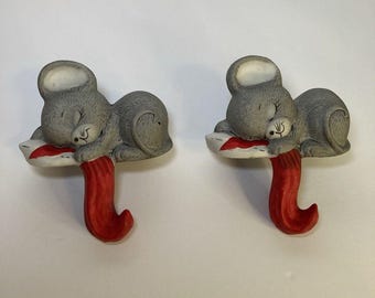 Vintage 1987 House of Lloyd Mouse Ceramic Christmas Stocking Hangers Set of 2