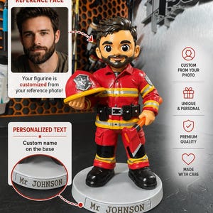 Puede incluir: Una figura de bombero personalizada que muestra a un personaje barbudo con uniforme rojo y amarillo, sosteniendo un casco rojo y un hacha. La figura se apoya sobre una base circular con el texto Mr JOHNSON grabado en una placa al frente.