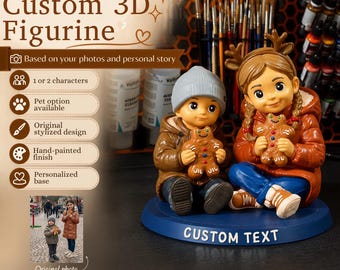 Statuetta 3D personalizzata realizzata a partire da una foto, 1 o 2 persone, eventualmente anche animali, regalo in stile cartone animato dipinto a mano con testo personalizzato.