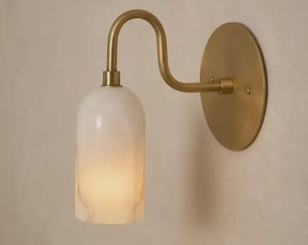 Handcrafted Alabaster Brass Wall Sconce, Mid-Century Modern Marble Lamp, Bathroom Vanity Light