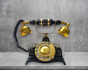 Teléfono de disco antiguo, teléfono de escritorio de latón negro, réplica de teléfono fijo retro