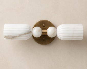 Double Fluted Marble Wall Sconce, Mid Century Modern Brass Vanity Light
