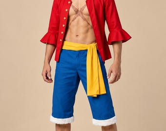 Costume anime da uomo / Completo da pirata rosso / Giacca rossa e pantaloncini blu