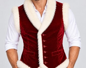 Gilet in velluto rosso e pelliccia sintetica per uomo e donna / Gilet natalizio / Costume vittoriano per le feste