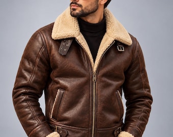 Giacca da aviatore da uomo marrone / Cappotto invernale stile biker con finiture in montone