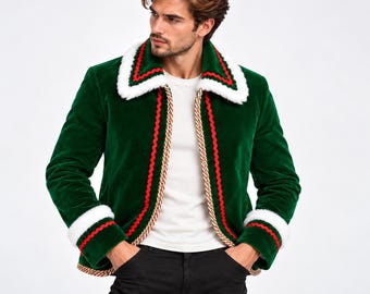 Giacca natalizia da uomo in velluto verde / Completo per feste di Natale da uomo