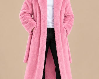 Cappotto da uomo rosa in pelliccia / Cappotto invernale lungo e soffice / Cappotto oversize peloso