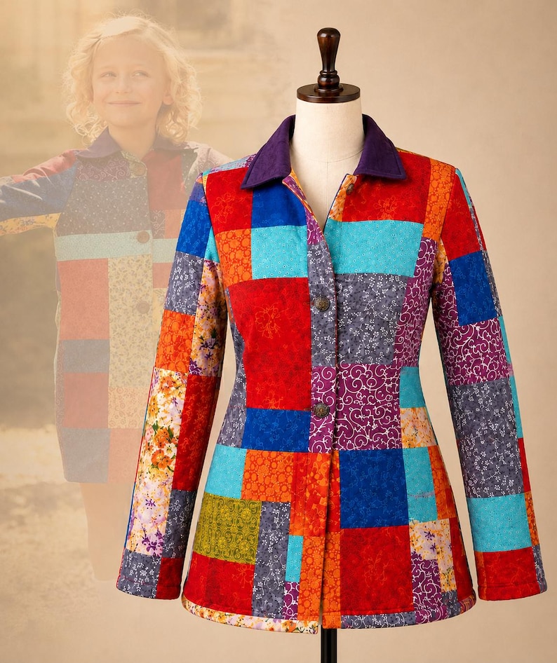 Colourful Patchwork Jacket, Multicolour Boho Textile Coat, Button Front Long Sleeve Statement Jacket