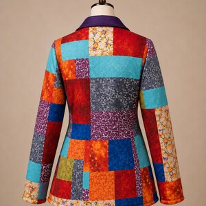 Boho Patchwork Jacket, Vibrant Multicolour Textile Outerwear, Long Sleeve Button Front Jacket