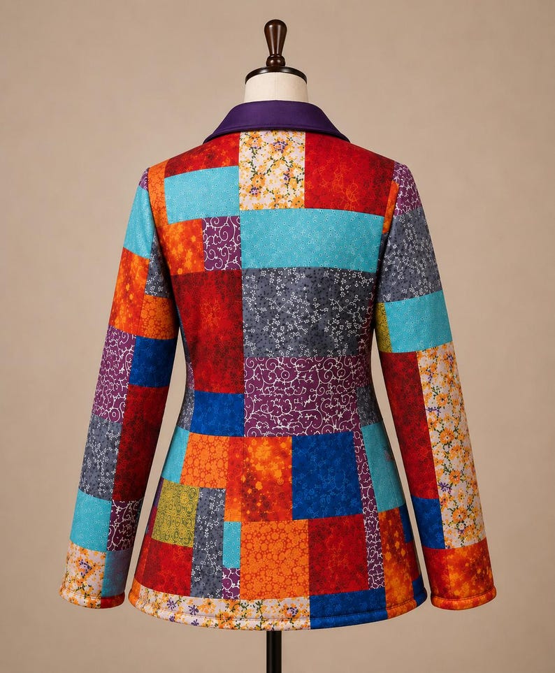 Boho Patchwork Jacket, Vibrant Multicolour Textile Outerwear, Long Sleeve Button Front Jacket