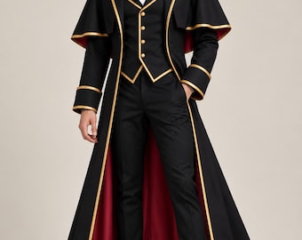 Completo gotico da uomo / Cappotto lungo nero, gilet e pantaloni