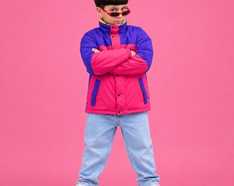 Kids Retro 90s Color Block Windbreaker Jacket | Vintage Purple Pink Ski Style Jacket