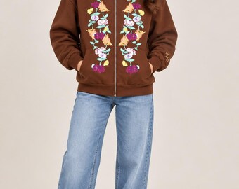 Felpa con cappuccio/zip oversize da donna marrone con ricami floreali