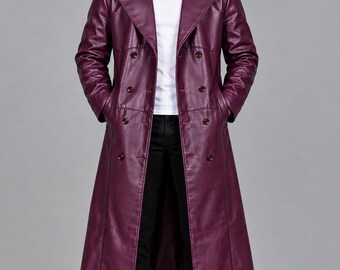 Trench da uomo bordeaux / Cappotto lungo doppiopetto effetto pelle / Soprabito gotico
