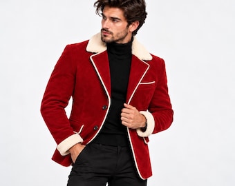 Blazer da uomo in pelle scamosciata rossa / Giacca natalizia vintage