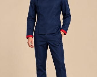Costume da cosplay blu da uomo / Completo giacca e pantaloni rossi con cappuccio / Costume in stile anime