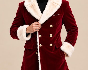 Cappotto lungo da uomo in velluto rosso / Giacca lunga doppiopetto