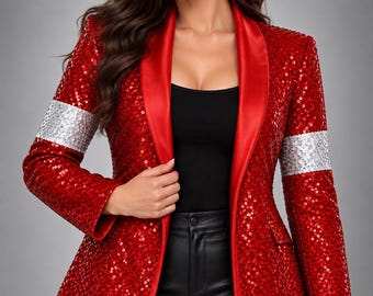 Blazer da donna rosso con paillettes / Moda per feste in discoteca e vacanze