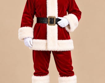 Costume natalizio da uomo / Completo da festa in velluto rosso / Giacca e pantaloni con bordo in pelliccia