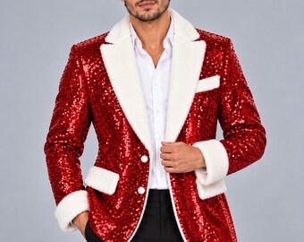 Blazer da uomo rosso con paillettes / Cappotto natalizio bianco con finiture in pelliccia sintetica