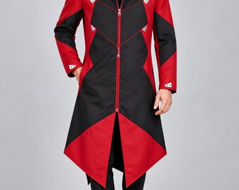 Trench da uomo rosso e nero con cappuccio / Giacca lunga gotica / Capospalla per costume di Halloween