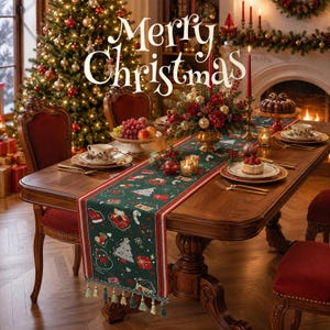 Christmas Table Runner with Tassels,Festive Holiday Dining Decor, Cute Xmas Tree & Gingerbread House Table Linen, Farmhouse Home Gift