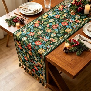 Christmas Table Runner with Tassels,Festive Holiday Dining Decor, Cute Xmas Tree & Gingerbread House Table Linen, Farmhouse Home Gift