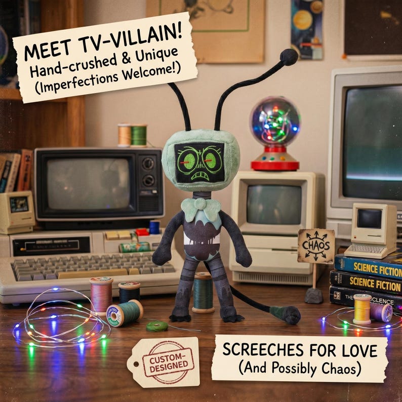 May include: A plush TV-Villain doll with a screen-shaped head and antenna, standing on a desk with vintage computers and sewing supplies. The doll has a bow tie and a tail. Text on the image reads "MEET TV-VILLAIN! Hand-crushed & Unique (Imperfections Welcome!)"
