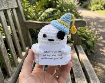 Funny Emotional Support Ghost Crochet Desk Buddy, Swearing Coworker Gift, Get It Off Your Chest Pocket Hug, Spooky Cute Amigurumi
