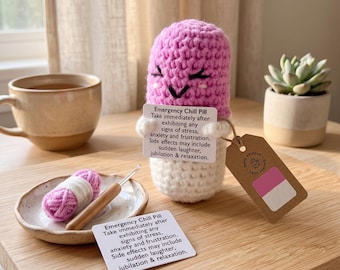 Funny Crochet Chill Pill Amigurumi, Emotional Support Desk Buddy, Stress Relief Toy, Encouragement Gift for Coworker & Nurse