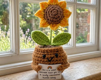 Handmade Emotional Support Crochet Sunflower Desk Decor, Positive Affirmation Gift for Coworker, You Are My Sunshine Amigurumi Pocket Hug