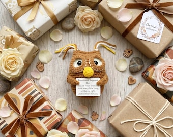Handmade Emotional Support Owl Crochet Desk Pet: Positive Affirmation Amigurumi Plush with Encouraging Card