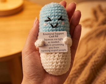 Emotional Support Chill Pill, Funny Coworker Gag Gift, Crochet Desk Buddy Amigurumi, Mental Health Pick Me Up Toy, Anxiety Relief Plushie