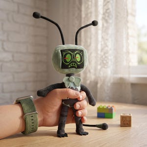 May include: A plush toy robot with a green head and a screen-like face displaying an angry expression. The robot has black antennae, arms, and legs, and a light green bow tie. The toy is held in a hand, with a green watch band visible.