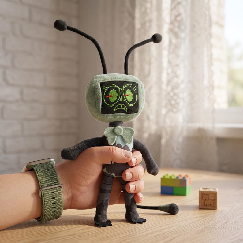 May include: A plush toy robot with a green head and a screen-like face displaying an angry expression. The robot has black antennae, arms, and legs, and a light green bow tie. The toy is held in a hand, with a green watch band visible.