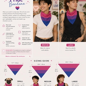 Pode incluir: Bandana Bisexual Pride com listras rosa, roxas e azuis, representando a bandeira bissexual. Disponível nos tamanhos pequeno, médio e grande. Feita com materiais reciclados, respirável e confortável.