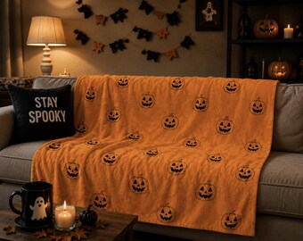 Halloween Pumpkin Blanket | Jack O Lantern Throw Blanket | Retro Halloween Decor | Cozy Fall Blanket | Spooky Season Bedding | Pumpkin Gift